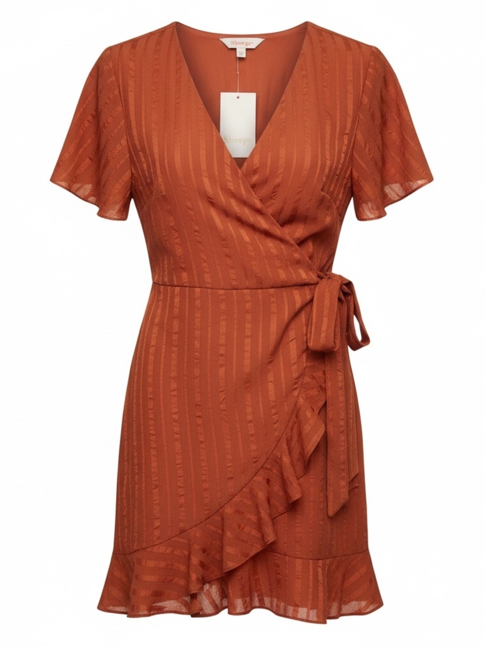 Showpo. NWT faux wrap rust mini dress, size 6
